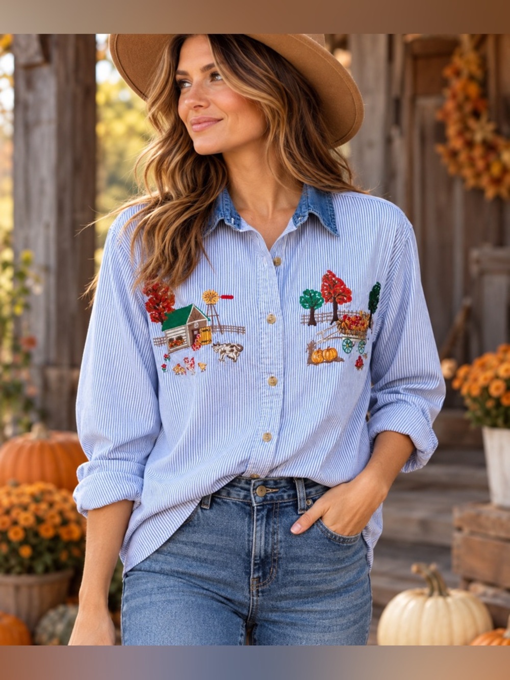 Vintage 90s Cabin Creek Size L Embroidered Farm Fall Denim Collar Button Shirt